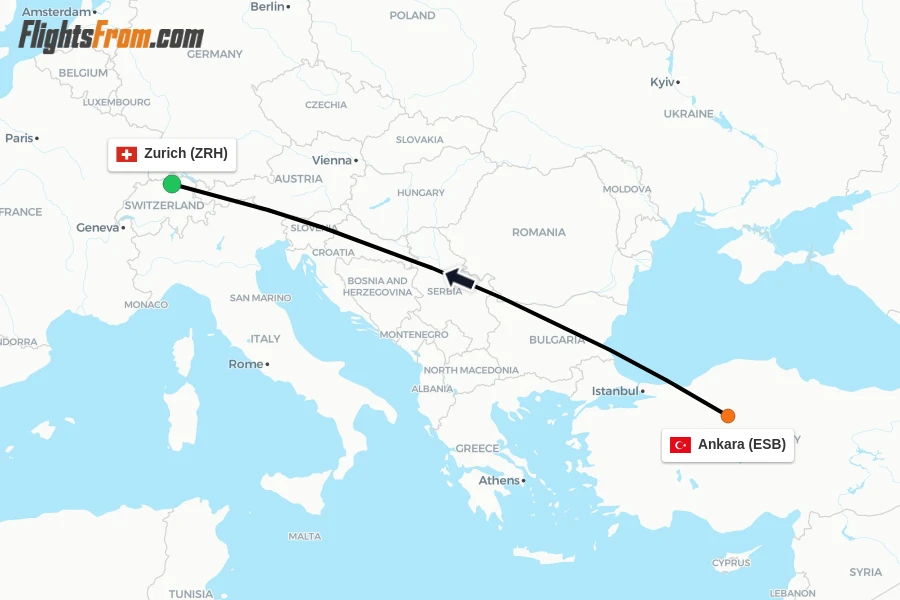Flights from Ankara to Zurich route map