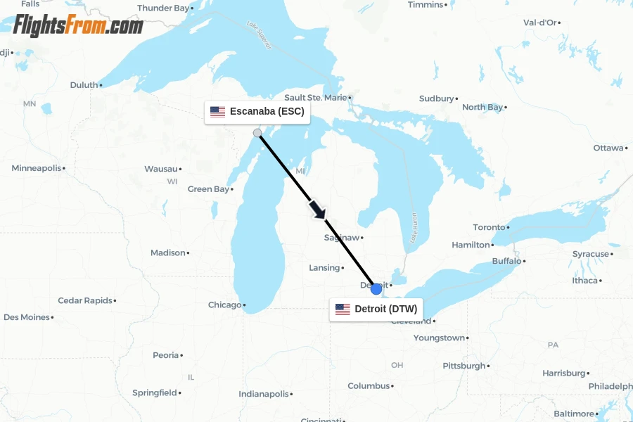 Flights from Escanaba to Detroit route map