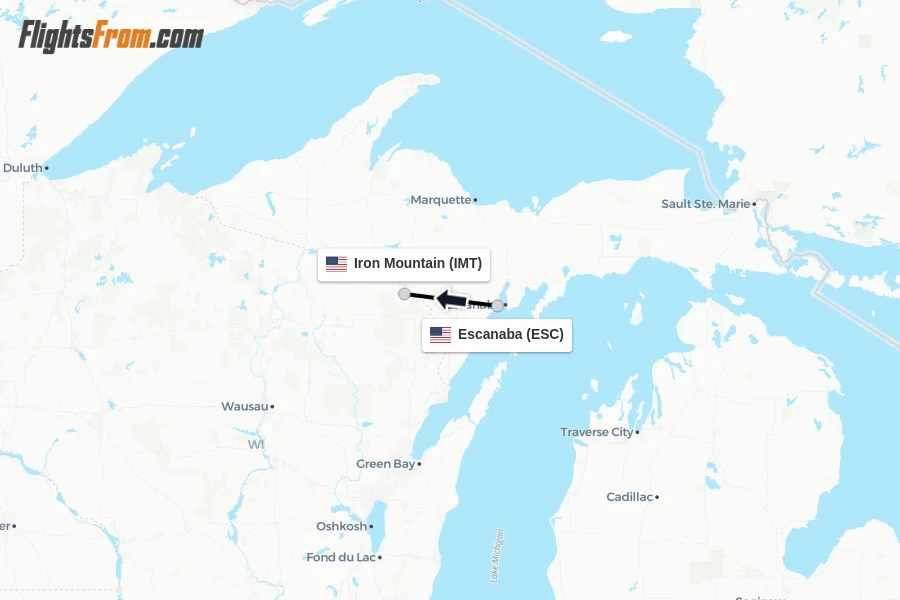 Flights from Escanaba to Iron Mountain route map