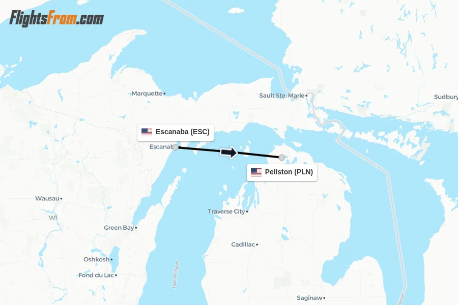 Flights from Escanaba to Pellston route map