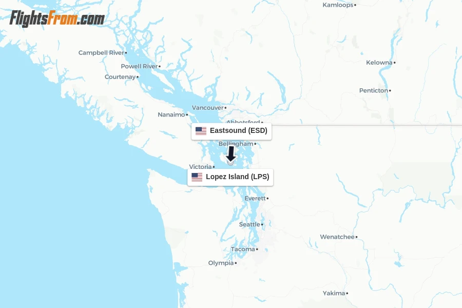 Flights from Eastsound to Lopez Island route map