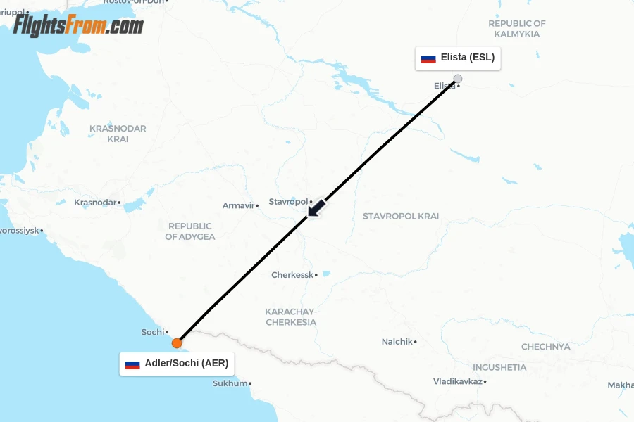 Flights from Elista to Adler/Sochi route map