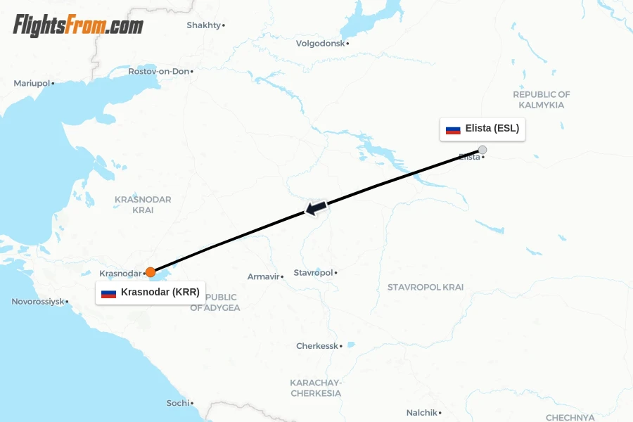 Flights from Elista to Krasnodar route map