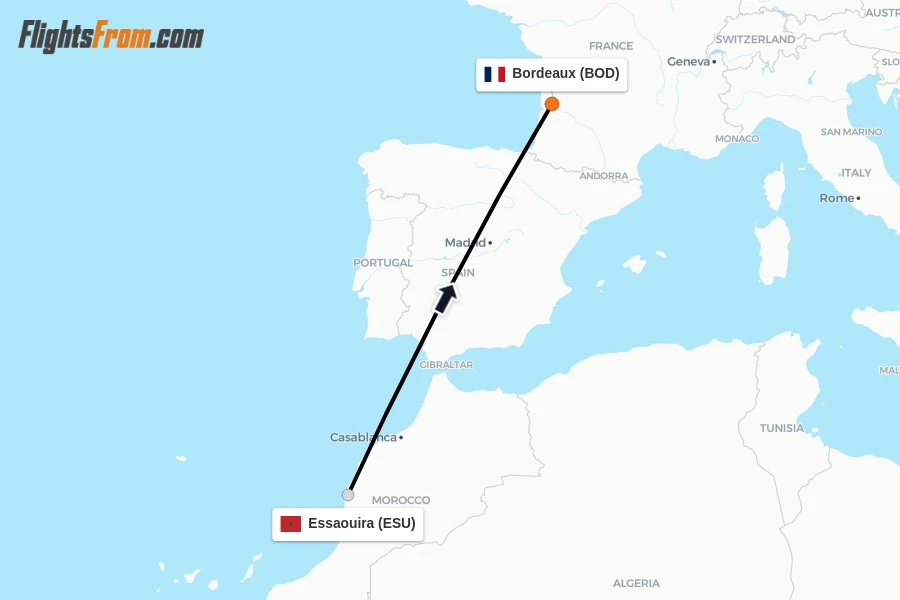 Flights from Essaouira to Bordeaux route map
