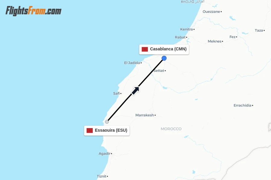 Flights from Essaouira to Casablanca route map