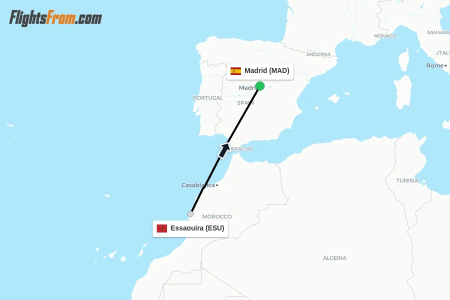 Flights from Essaouira to Madrid route map