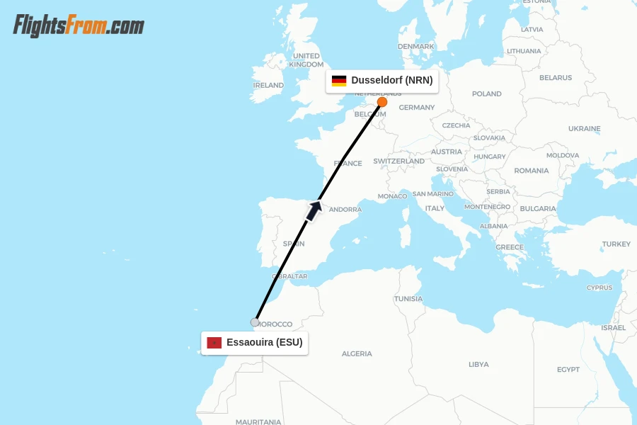 Flights from Essaouira to Dusseldorf route map