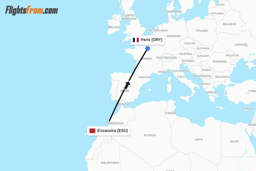 Flights from Essaouira to Paris route map