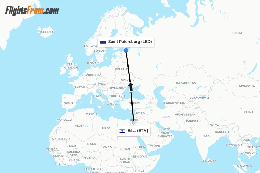 Flights from Eilat to Saint Petersburg route map