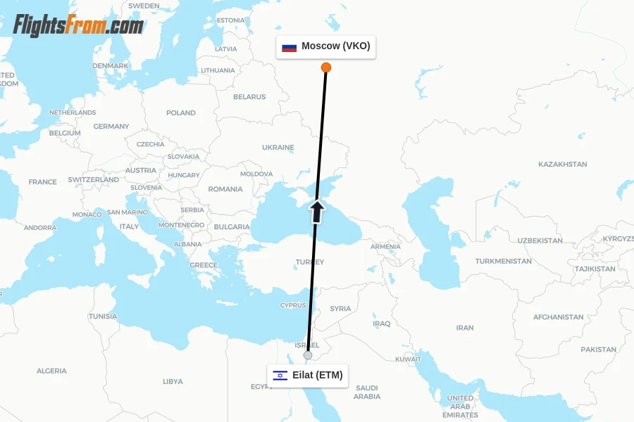 Flights from Eilat to Moscow route map