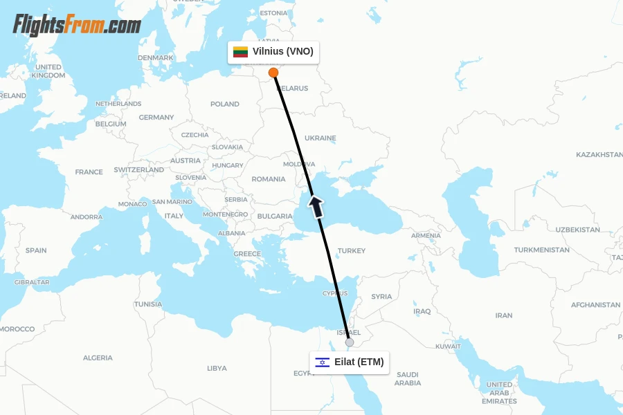 Flights from Eilat to Vilnius route map