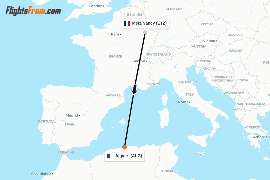 Flights from Metz/Nancy to Algiers route map
