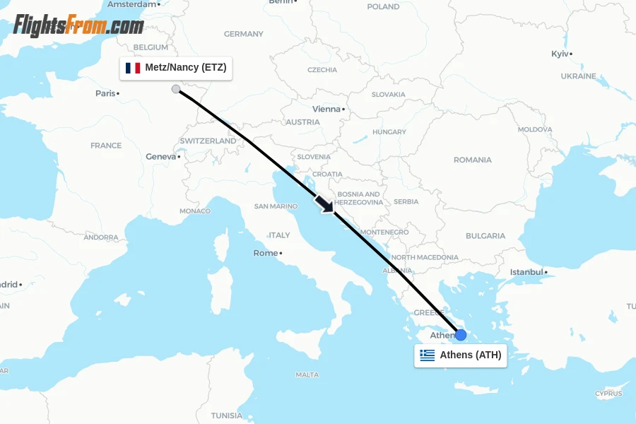 Flights from Metz/Nancy to Athens route map