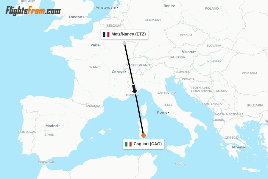 Flights from Metz/Nancy to Cagliari route map