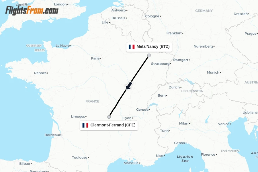 Flights from Metz/Nancy to Clermont-Ferrand route map