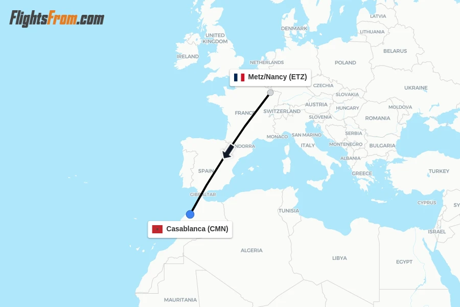 Flights from Metz/Nancy to Casablanca route map