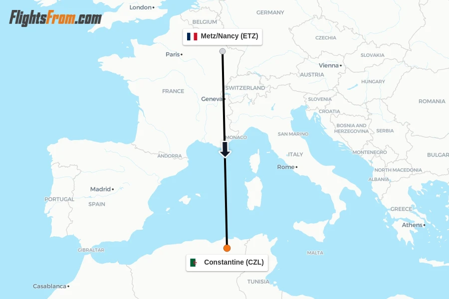 Flights from Metz/Nancy to Constantine route map