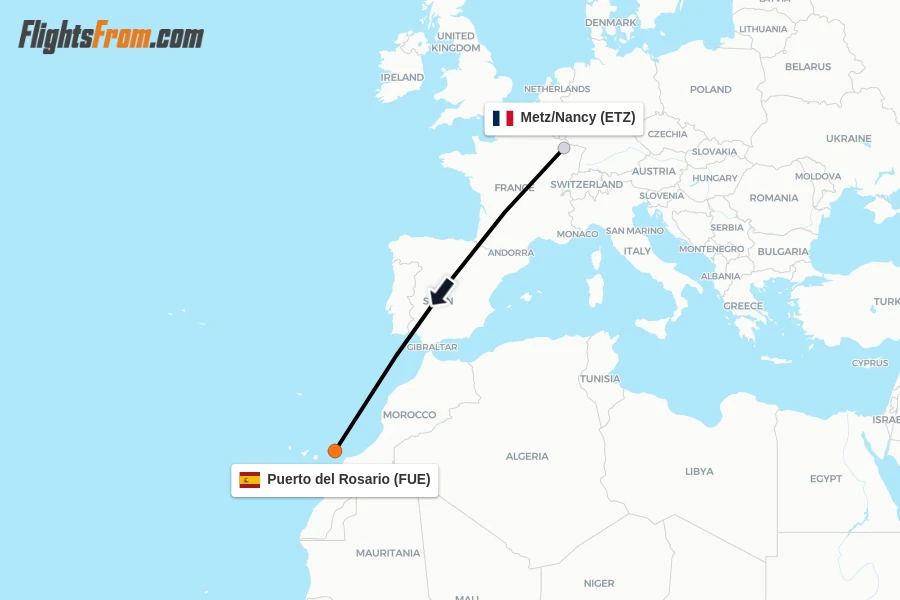 Flights from Metz/Nancy to Puerto del Rosario route map
