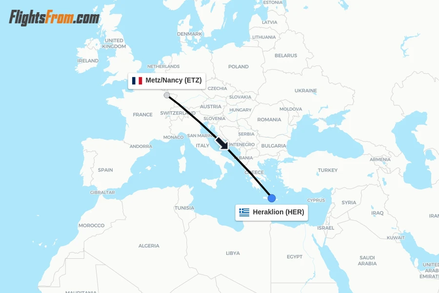 Flights from Metz/Nancy to Heraklion route map