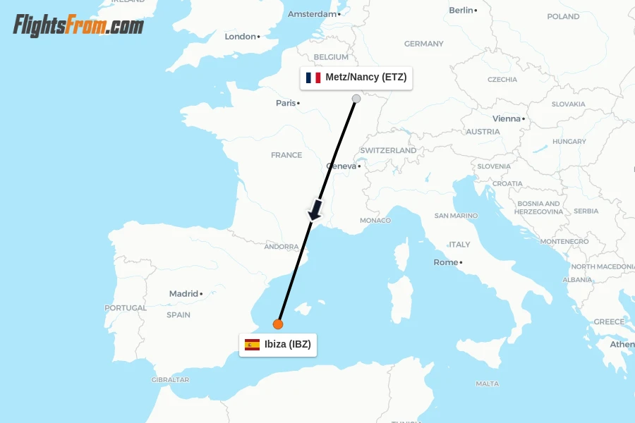 Flights from Metz/Nancy to Ibiza route map