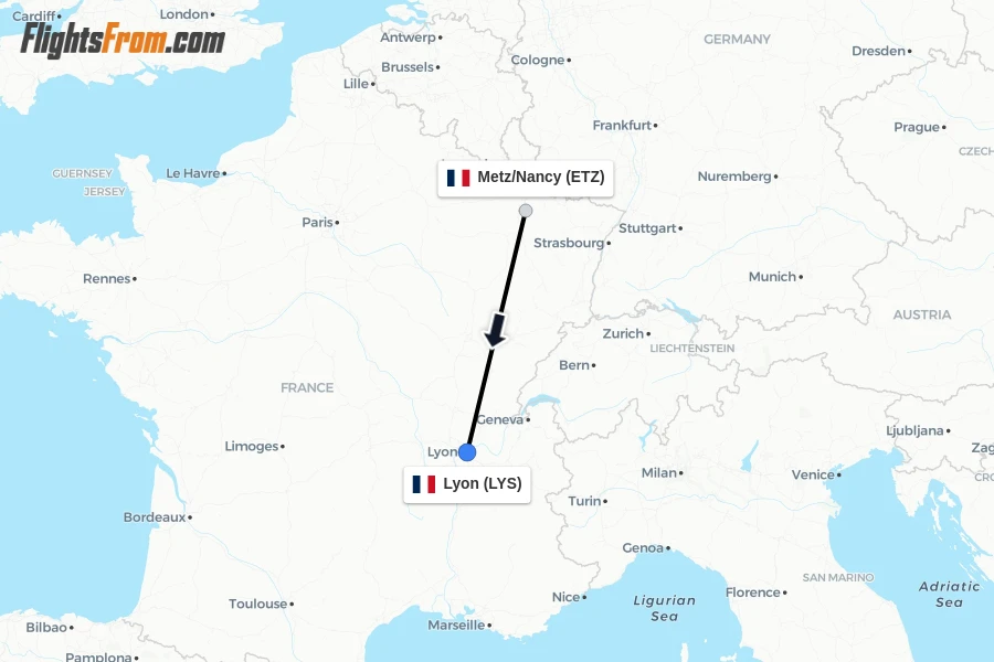 Flights from Metz/Nancy to Lyon route map