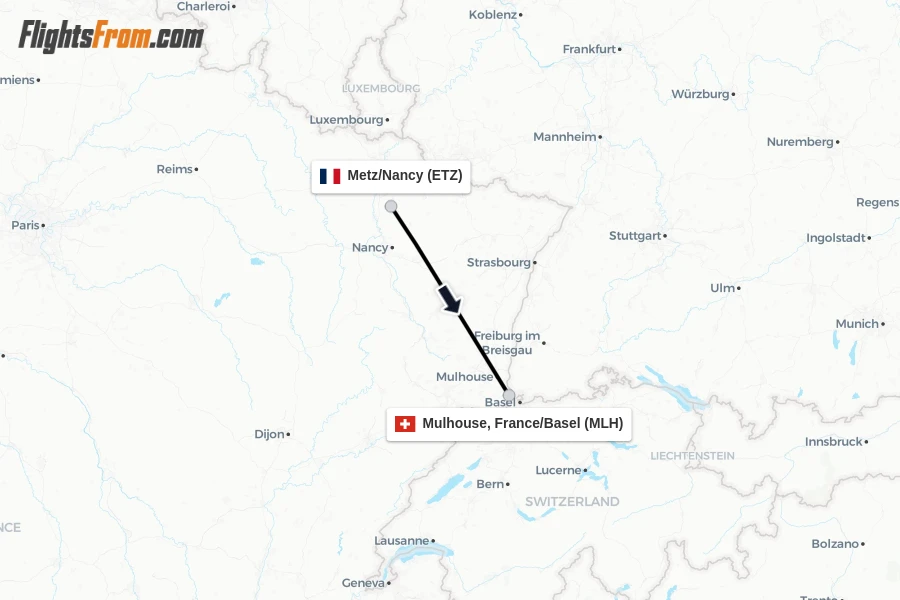 Flights from Metz/Nancy to Mulhouse, France/Basel route map