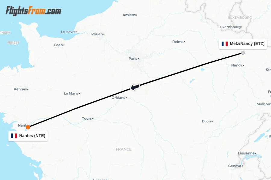 Flights from Metz/Nancy to Nantes route map