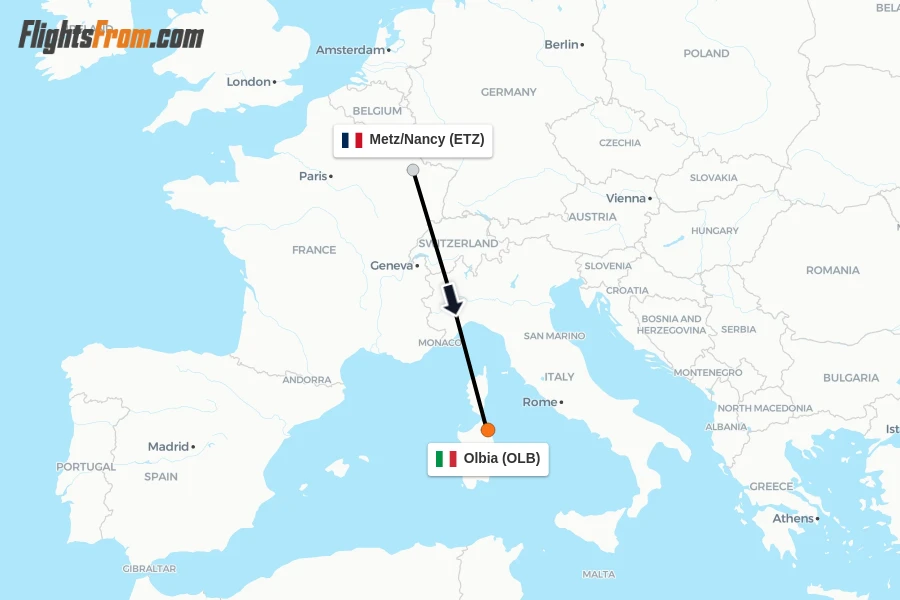 Flights from Metz/Nancy to Olbia route map
