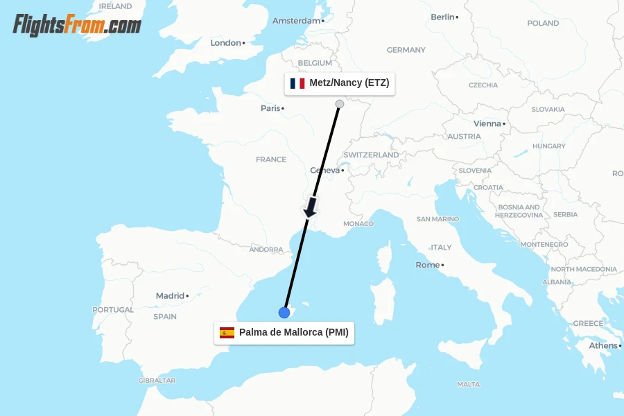 Flights from Metz/Nancy to Palma de Mallorca route map
