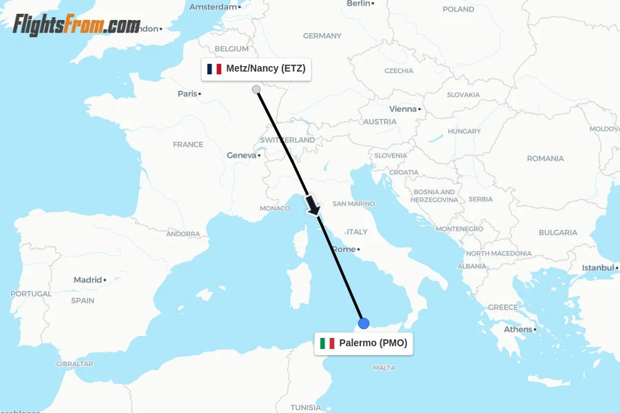 Flights from Metz/Nancy to Palermo route map