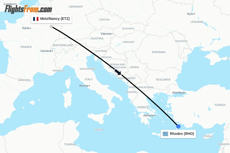 Flights from Metz/Nancy to Rhodes route map