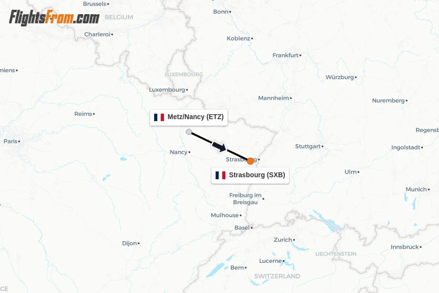 Flights from Metz/Nancy to Strasbourg route map