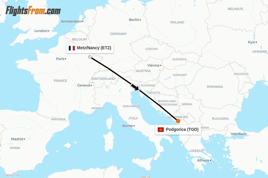 Flights from Metz/Nancy to Podgorica route map