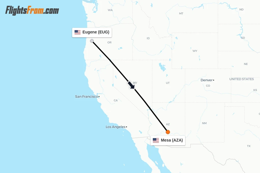 Flights from Eugene to Mesa route map