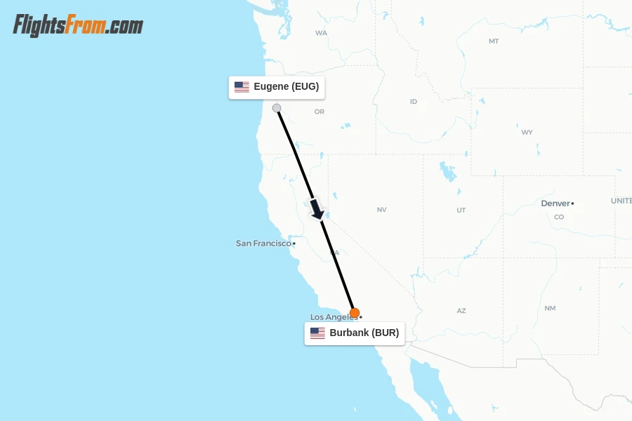 Flights from Eugene to Burbank route map