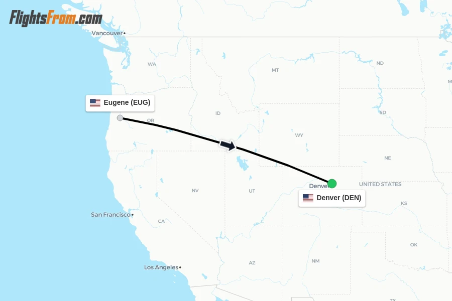 Flights from Eugene to Denver route map