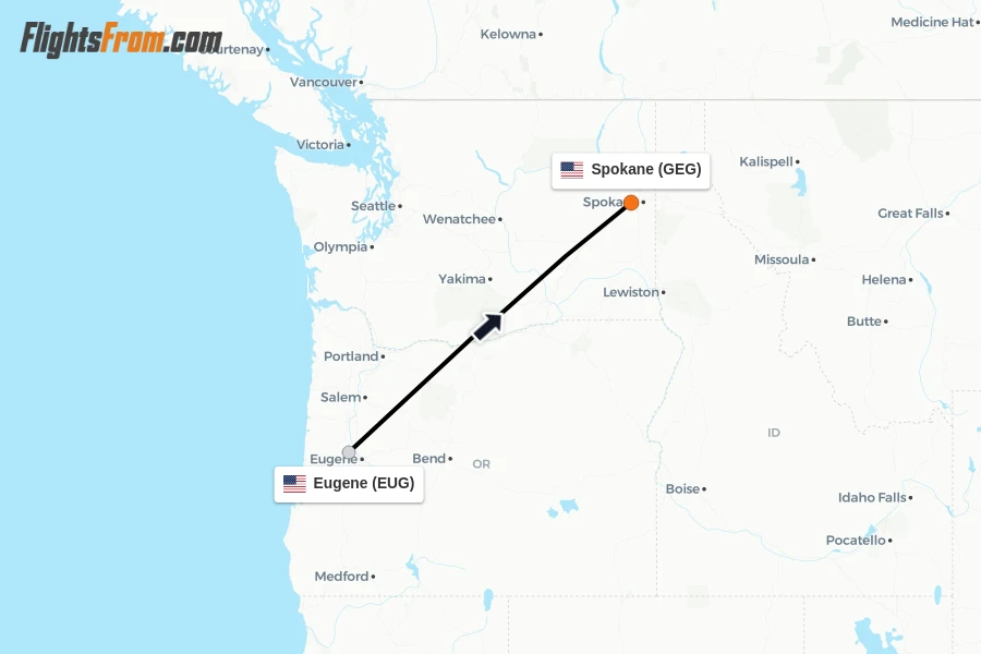 Flights from Eugene to Spokane route map