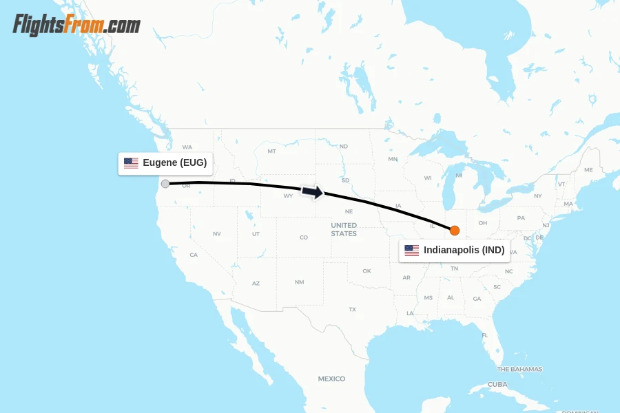 Flights from Eugene to Indianapolis route map