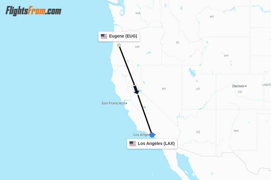 Flights from Eugene to Los Angeles route map