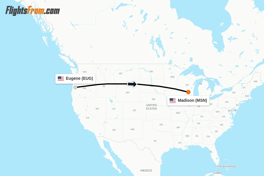 Flights from Eugene to Madison route map