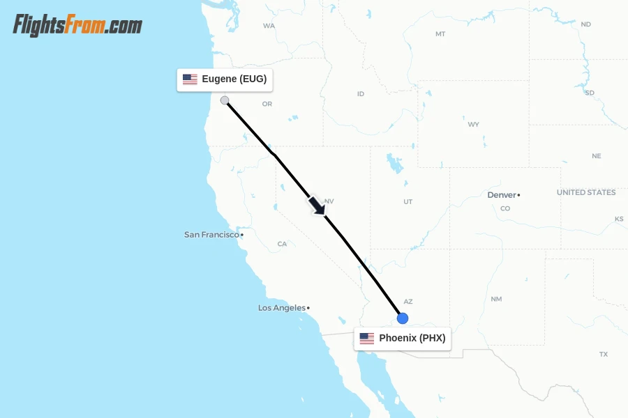 Flights from Eugene to Phoenix route map