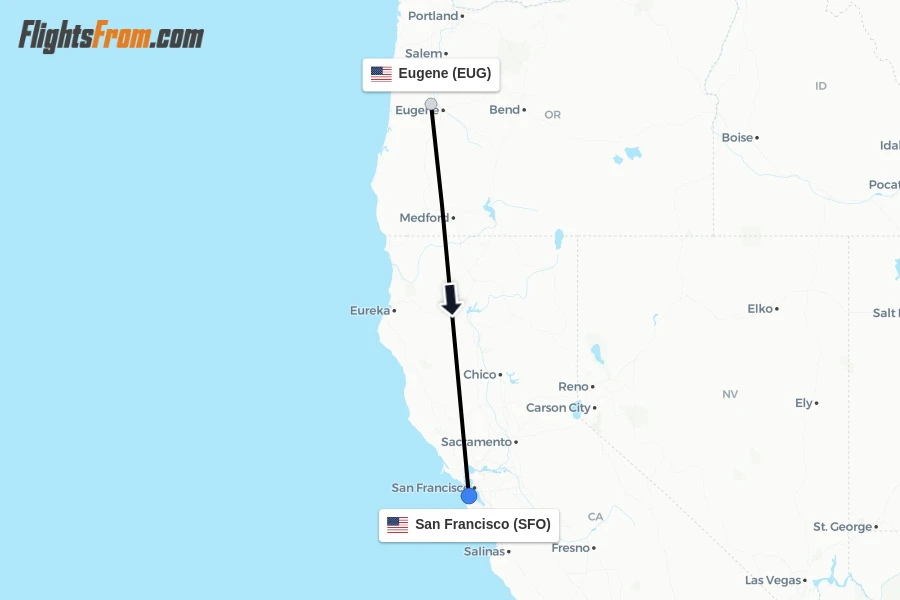 Flights from Eugene to San Francisco route map
