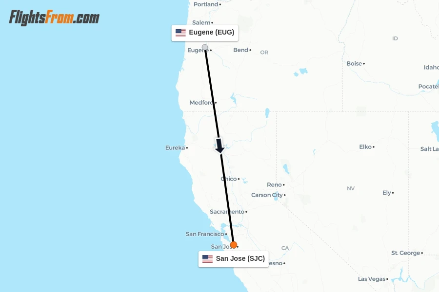 Flights from Eugene to San Jose route map