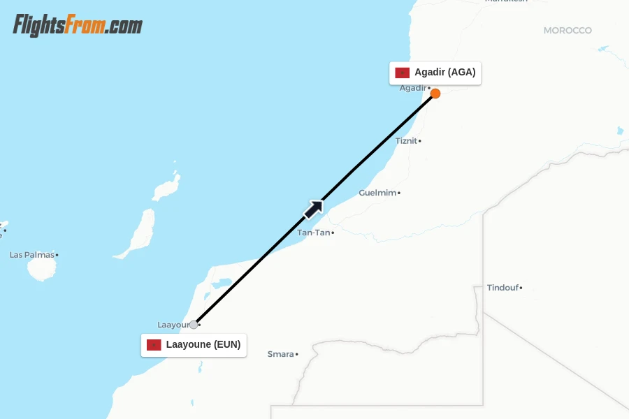 Flights from Laayoune to Agadir route map