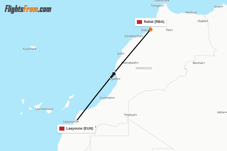 Flights from Laayoune to Rabat route map