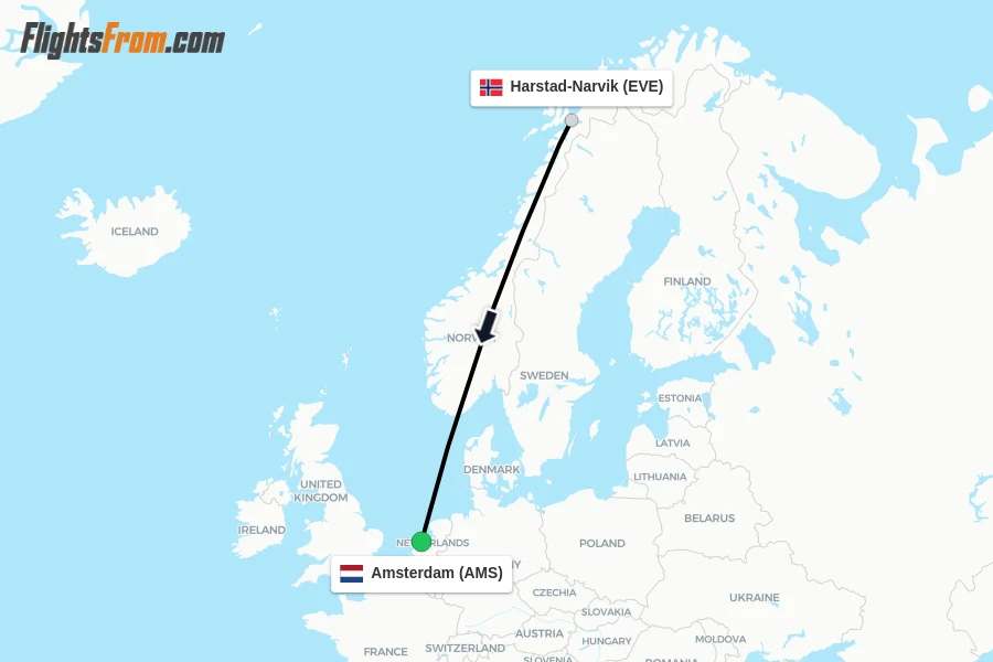 Flights from Harstad-Narvik to Amsterdam route map