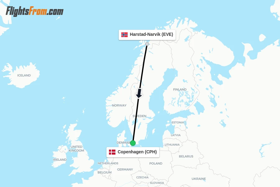 Flights from Harstad-Narvik to Copenhagen route map