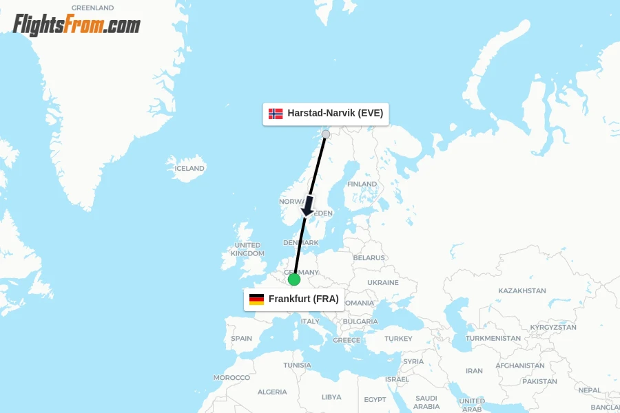 Flights from Harstad-Narvik to Frankfurt route map