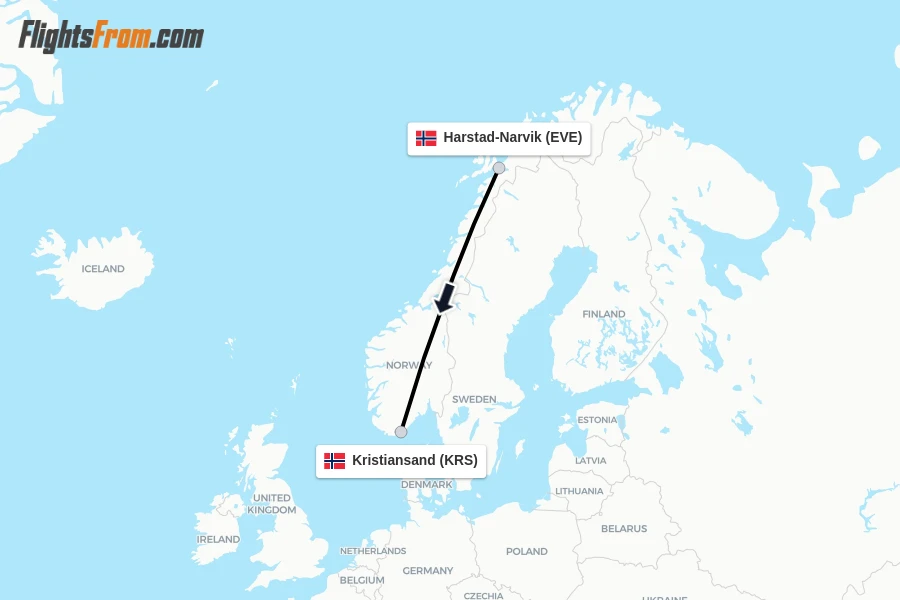 Flights from Harstad-Narvik to Kristiansand route map