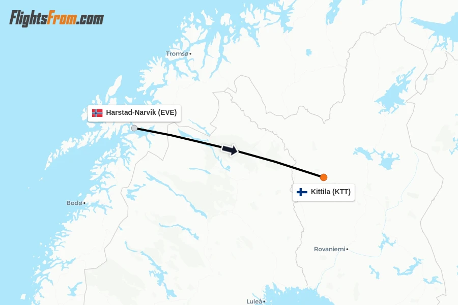 Flights from Harstad-Narvik to Kittila route map